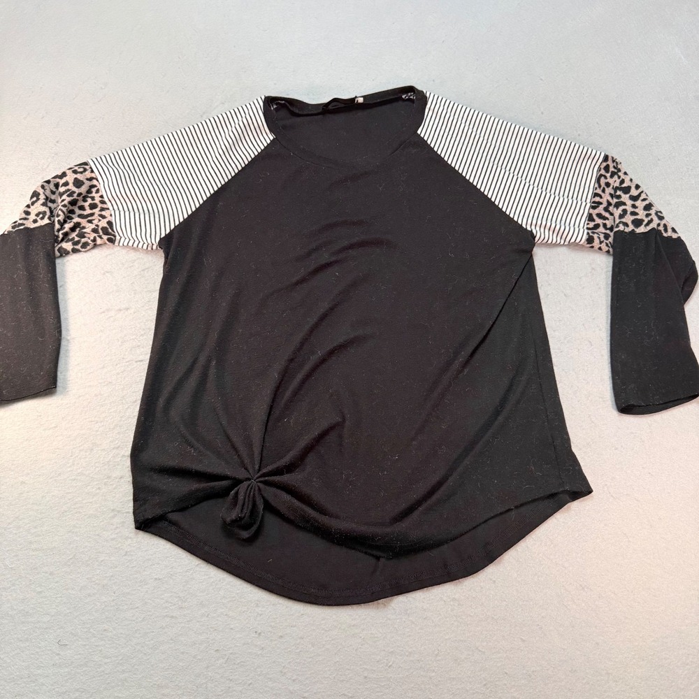 Odosalii Women's Black Knot Front Raglan‎ Top Leopard Stripe Long Sleeve